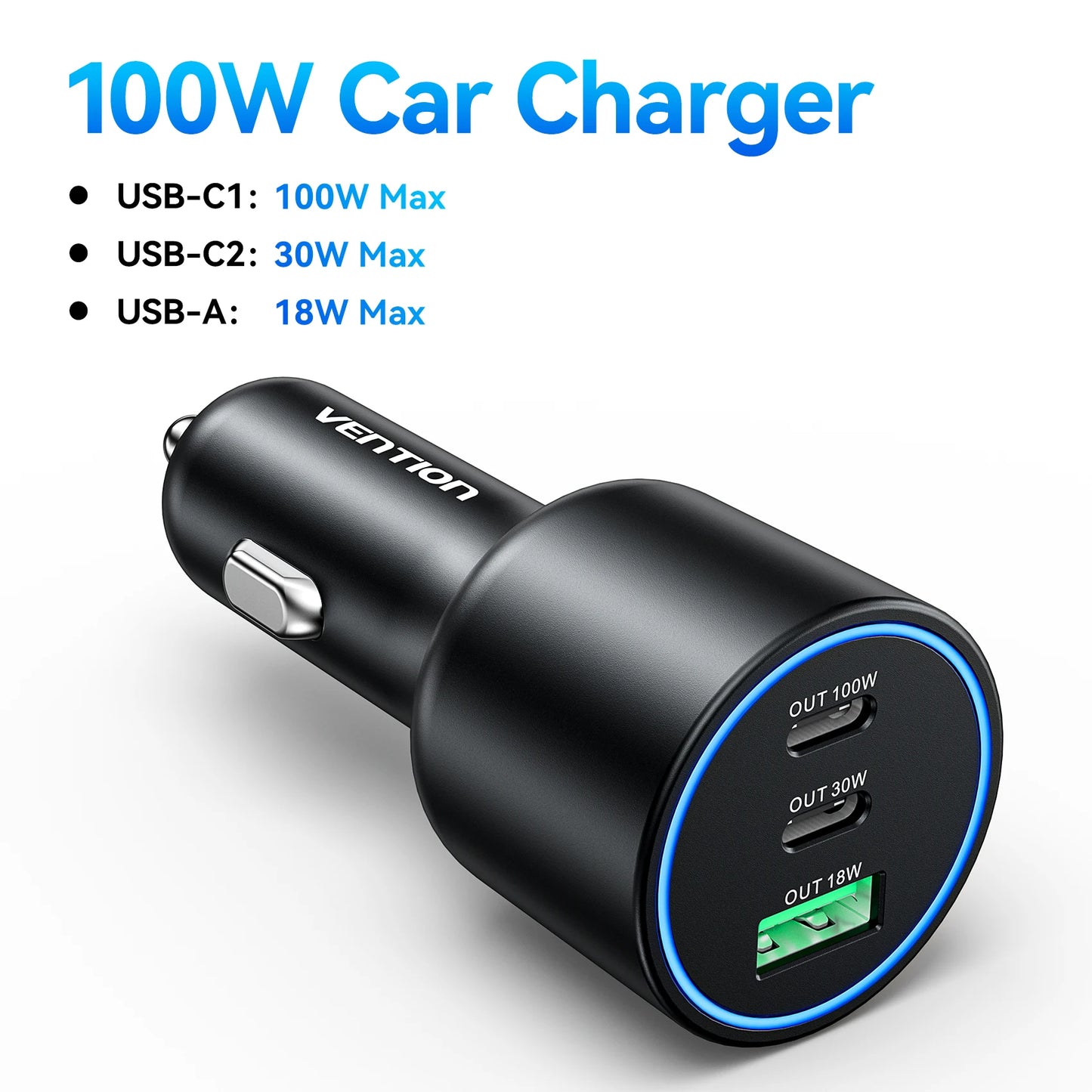 Chargeur Voiture Vention 165W USB-C Charge Rapide 3 Ports