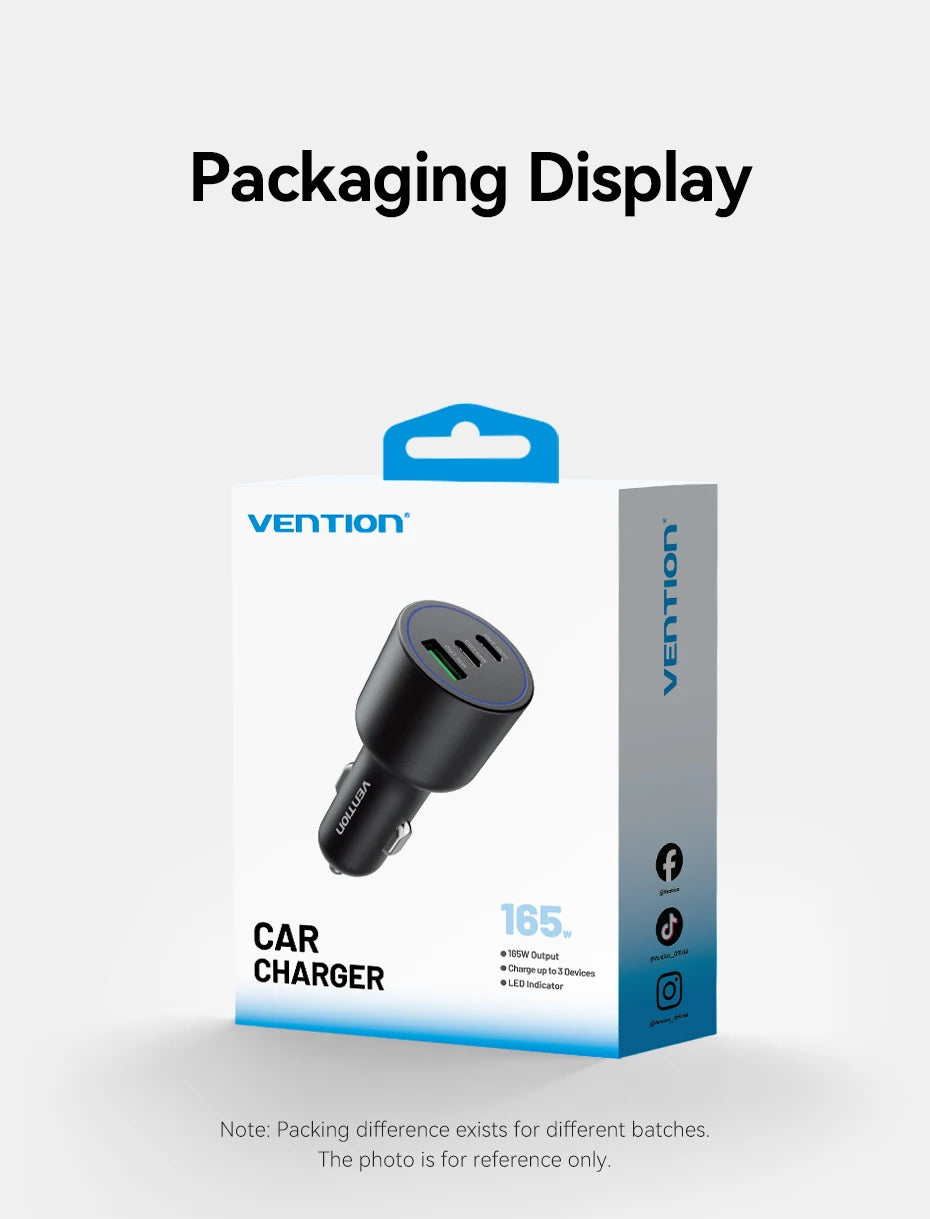 Chargeur Voiture Vention 165W USB-C Charge Rapide 3 Ports