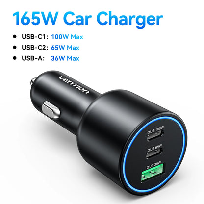 Chargeur Voiture Vention 165W USB-C Charge Rapide 3 Ports
