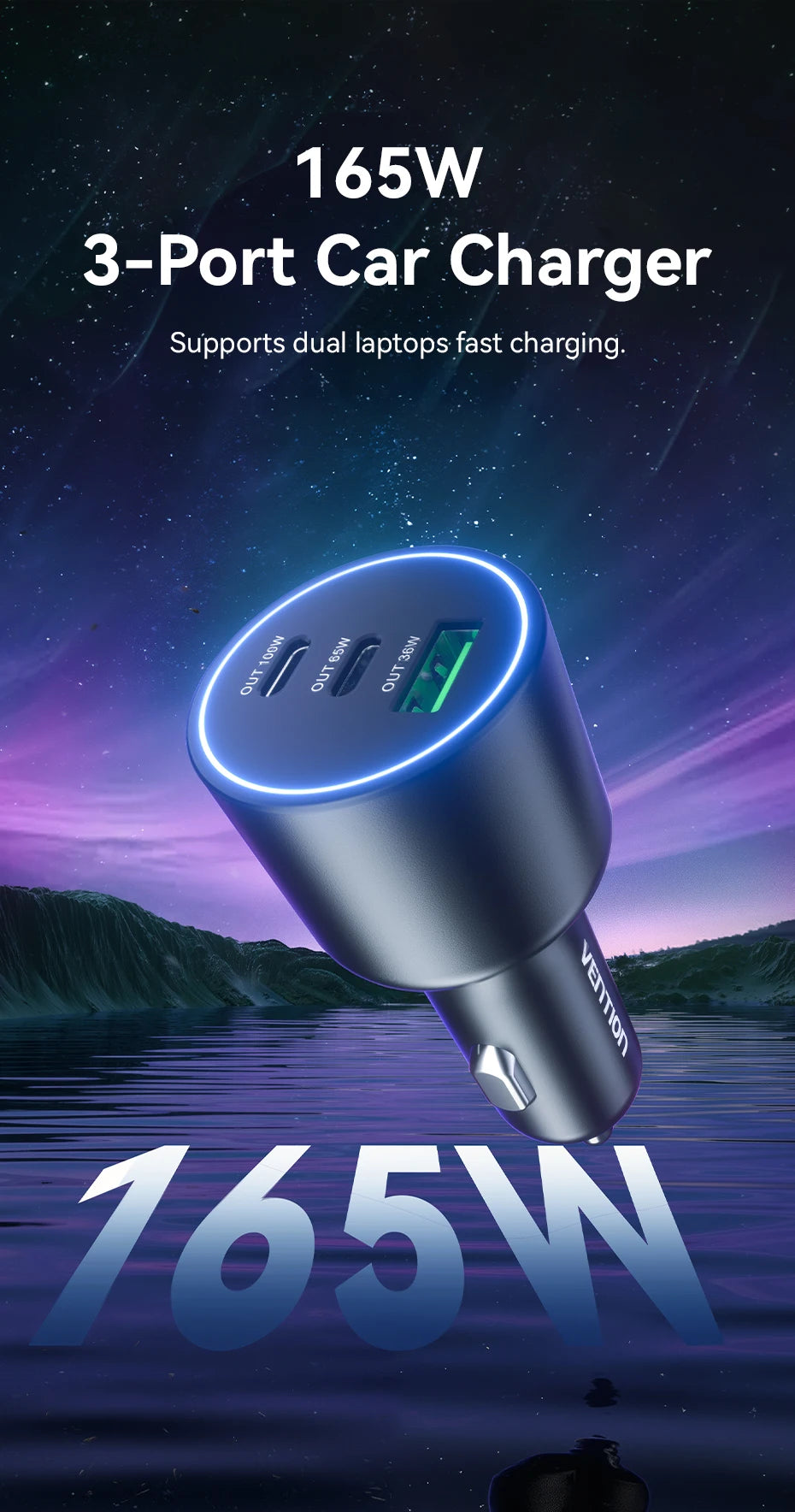 Chargeur Voiture Vention 165W USB-C Charge Rapide 3 Ports