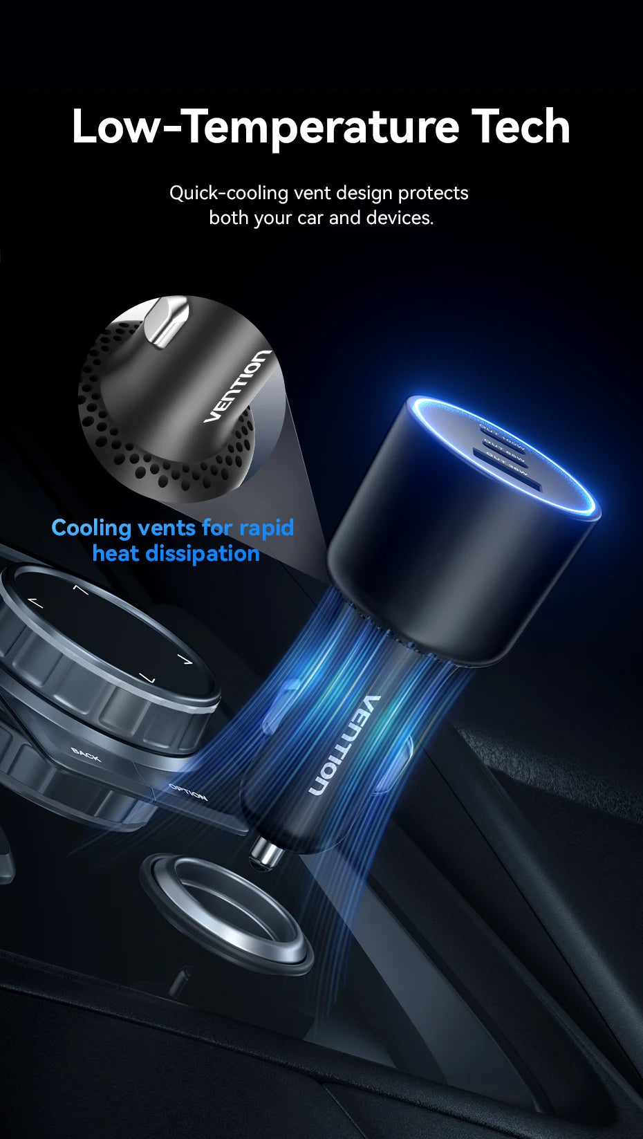 Chargeur Voiture Vention 165W USB-C Charge Rapide 3 Ports