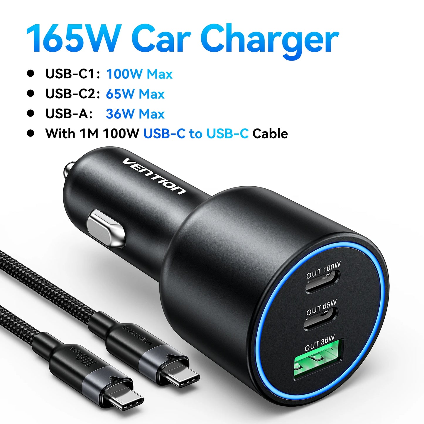 Chargeur Voiture Vention 165W USB-C Charge Rapide 3 Ports