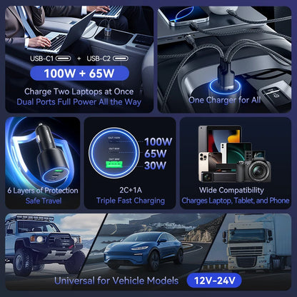Chargeur Voiture Vention 165W USB-C Charge Rapide 3 Ports