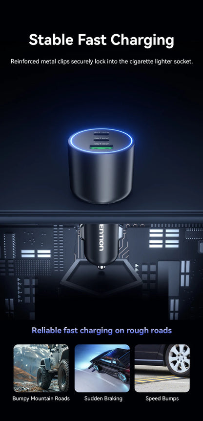 Chargeur Voiture Vention 165W USB-C Charge Rapide 3 Ports