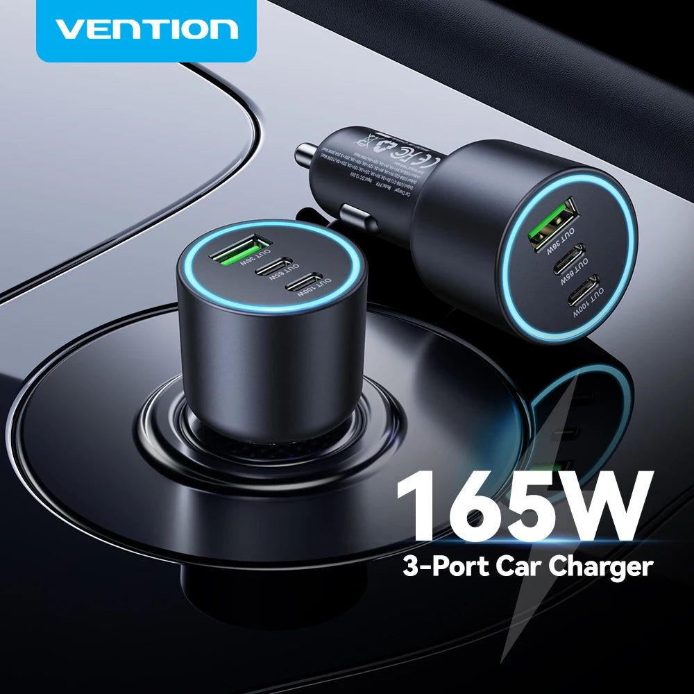 Chargeur Voiture Vention 165W USB-C Charge Rapide 3 Ports