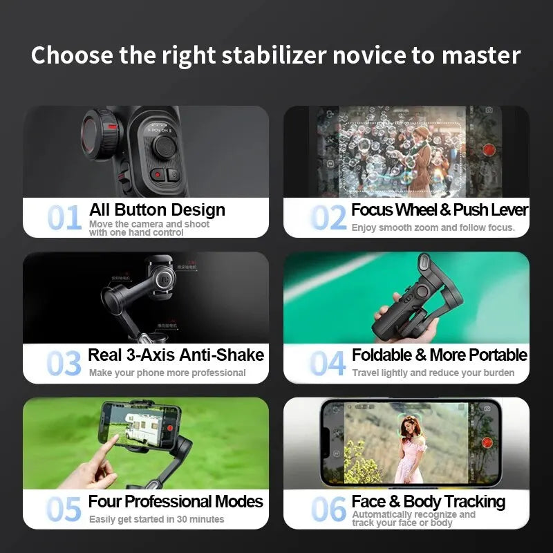 Stabilisateur Smartphone intelligent, aide à la stabilisation lors de prises de vidéos + ia