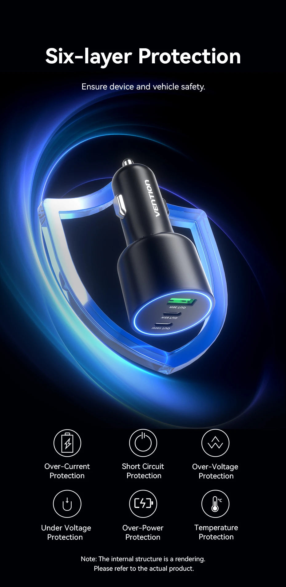 Chargeur Voiture Vention 165W USB-C Charge Rapide 3 Ports