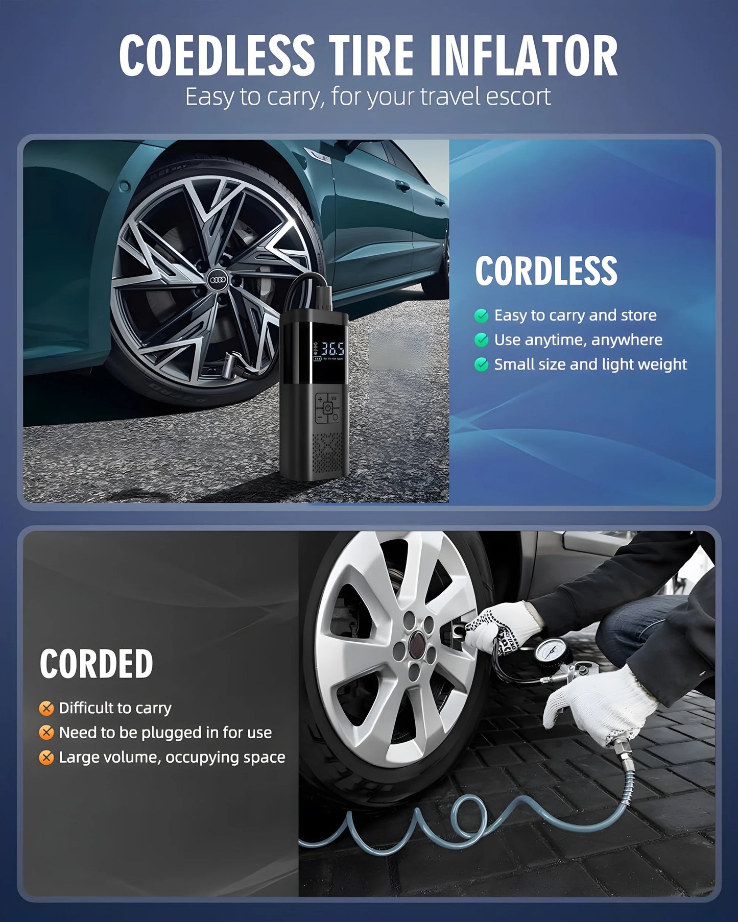 Compresseur d’Air pour pneu voiture Portable 150 PSI Sans Fil